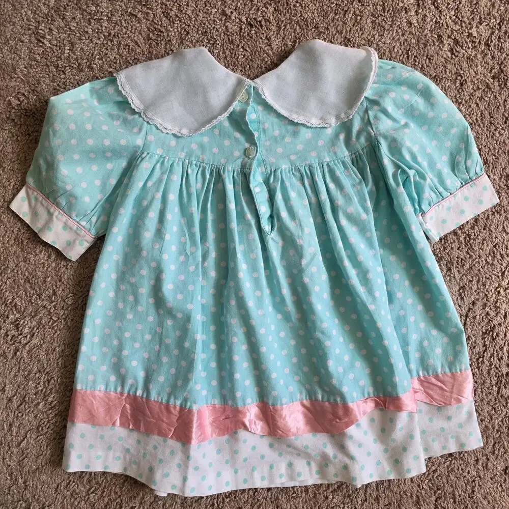 Vintage Cottagecore Polka Dot Peasant Prairie Dress Collar Girls Size 4 Blue 90s